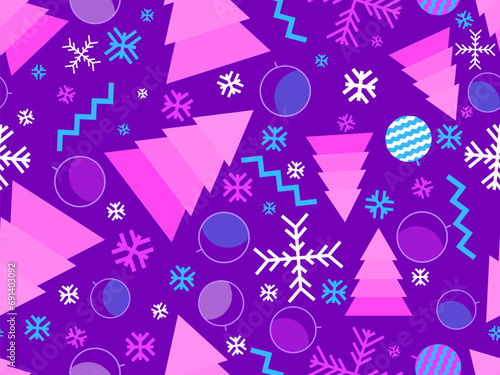 Christmas seamless pattern with geometric shapes in 80s Memphis style. Christmas pattern with fir trees, Christmas decorations and geometric shapes for wrappers and banners. Vector illustration