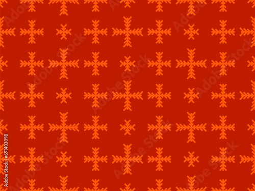 Winter seamless pattern with snowflakes on red background. Christmas background with geometric snowflakes of different shapes. Design for wallpaper, banners and posters. Vector illustration