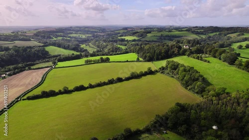 Aerial shot flying over rural English countryside near Bath, UK photo