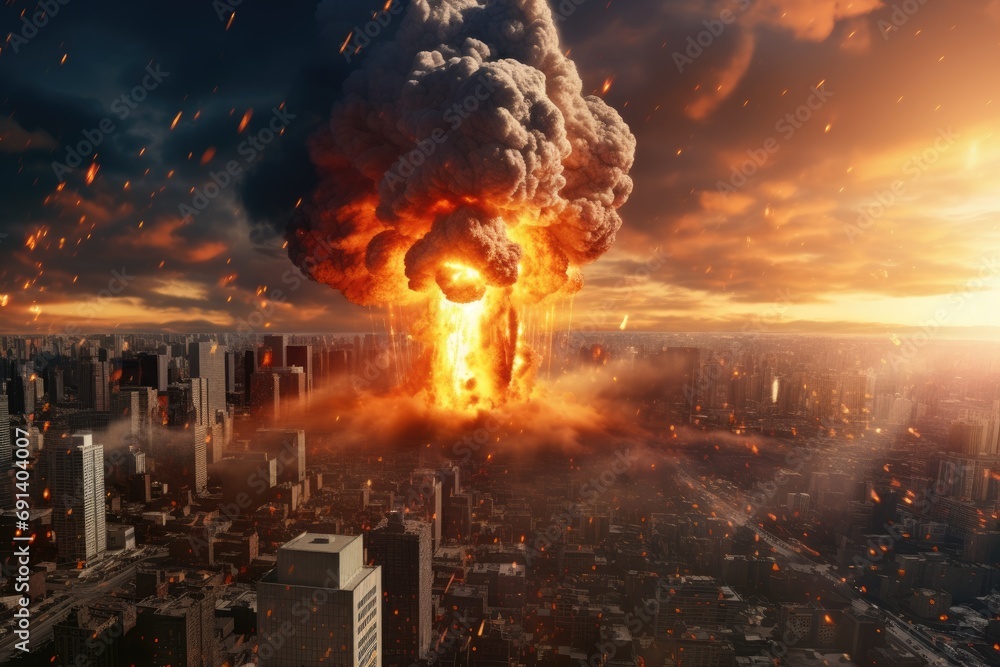 Nuclear war apocalypse concept. Explosion of nuclear bomb in city.  - obrazy, fototapety, plakaty 