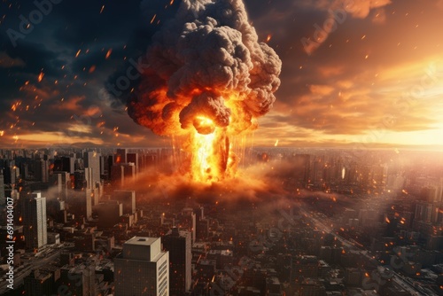 Nuclear war apocalypse concept. Explosion of nuclear bomb in city. 