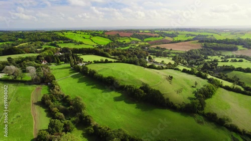 Aerial shot flying over rural English countryside near Bath, UK