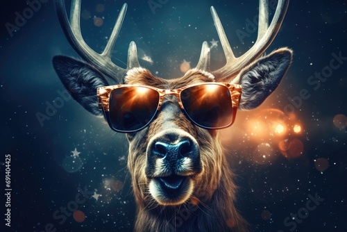 Portrait deer celebrating Christmas night. Generative AI