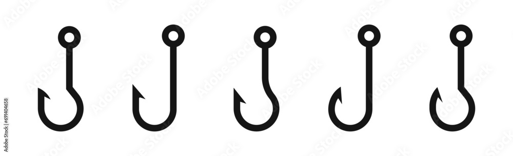 Fishing hook silhouettes. hook icon set.