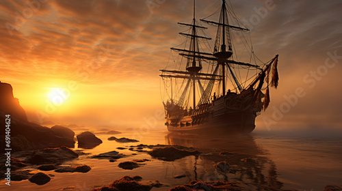 Pirate ship sailboat at the open sea during sunset