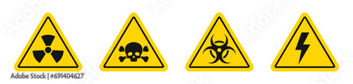 Danger signs. Danger, warning sign icon set. Poison, toxic, biohazard caution sign. Yellow triangle warning symbol element. photo