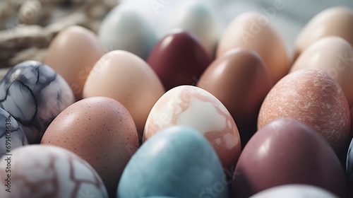 Naturally dyed Easter eggs in a close-up image. Zoom in to reveal the subtle textures and variations in color, background image, generative AI