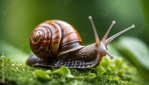 A large brown snail crawls along a leafy green surface, its slimy spiral shell and extending head on full display in a captivating up-close view highlighting nature's beauty © simo