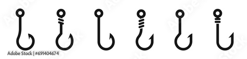 Fishing hook silhouettes. Fishing hook collection. Hook icon set. Hook icons.
