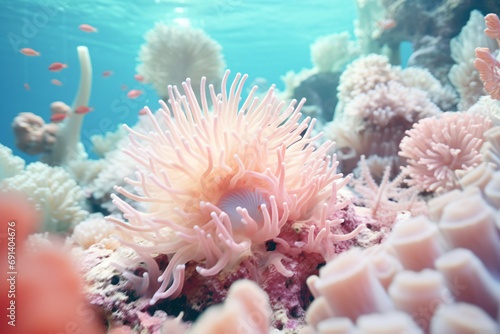 a coral reef with anemonia and fish photo