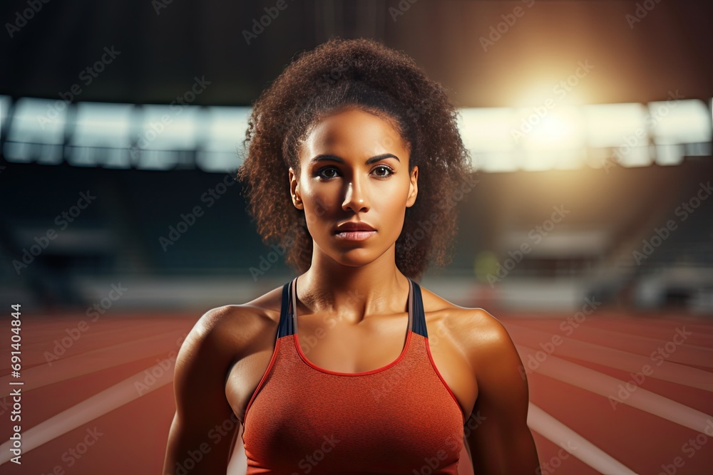 Black woman runner . Portrait, focus and sports athlete ready on running track, marathon training and cardio power