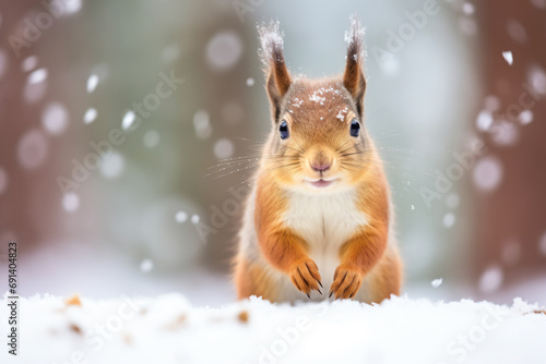 a squirrel standing on its hind legs in the snow © mizmizstk