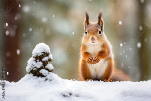 a squirrel standing on a snowy hill with a pine tree in the background © mizmizstk