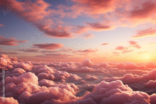 Bask in warm glow of a sunset as fluffy clouds don a peachy hue, creating a celestial canvas in the vast, serene sky. photo