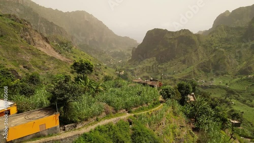 Fly Over The Green Rock Mountains Of Paul In Cape Verde, Island of Santo Antao, West Africa. Aerial Drone Shot photo