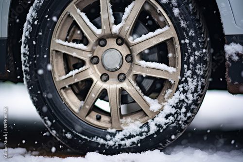 Frozen Tread: A Car Wheel Embraced by Winter