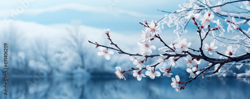 A frosty winter background captures beauty of snow-covered branches and flowers #691406209