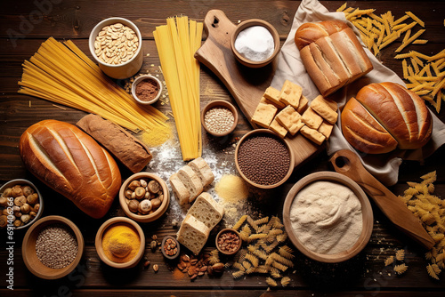 Top view of various pasta, bread, snacks and flour on wooden background.