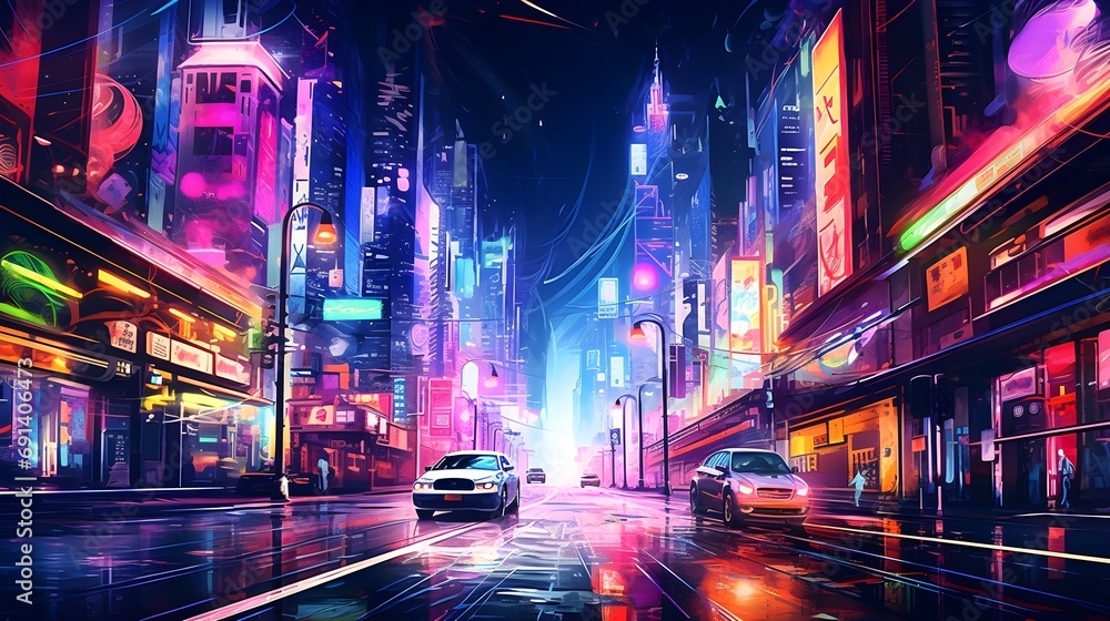 Image that mimics the energetic glow of neon lights against an urban nightscape. Experiment with vibrant colors and dynamic patterns, background image, generative AI