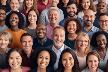Positive multicultural people different ages smiling at camera.