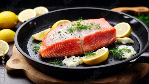 Juicy fried salmon steak with parsley, black pepper, lemon in a frying pan. Wooden kitchen. A delicious dinner of fish with sauce. Nutritious food.