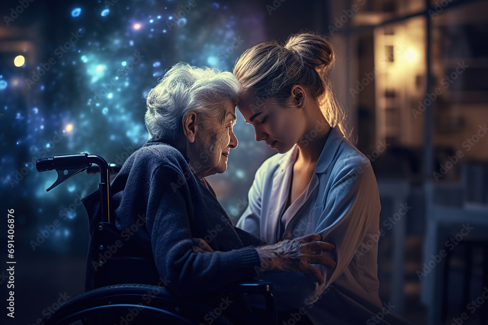 Nurse and her senior client on wheelchair against blurry futuristic background. Nurse and her senior client on wheelchair against blurry futuristic background.