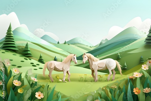 馬と草原（ペーパークラフト）