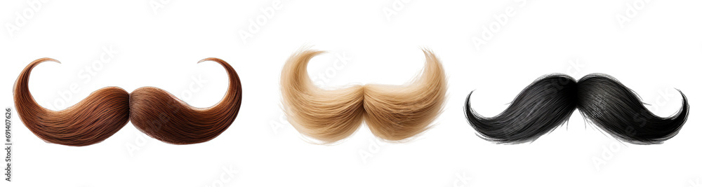 Set of mustaches, black, brown, blond on a transparent background. - obrazy, fototapety, plakaty 