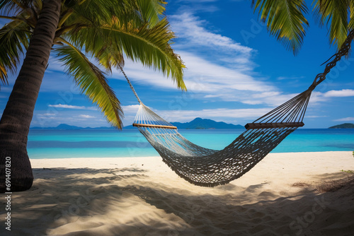 Tropical Tranquility: Beautiful Hammock Swinging on a Caribbean Beach © Maximilien