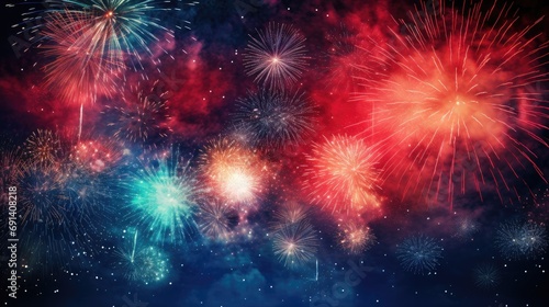 Celebration with fireworks on the dark sky. Generative AI © Gelpi