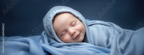 Newborn baby wrapped in cocoon sleeping sweetly. Portrait of healthy adorable Caucasian little boy wrapped in blue towel, blanket against blue background. Textiles and bedding for children photo