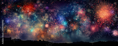 Celebration with fireworks on the dark sky. Generative AI