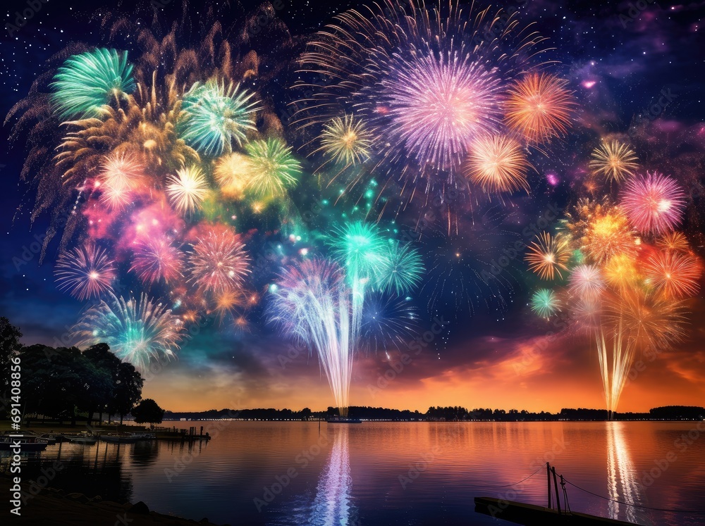 Fototapeta premium Celebration with fireworks on the dark sky. Generative AI