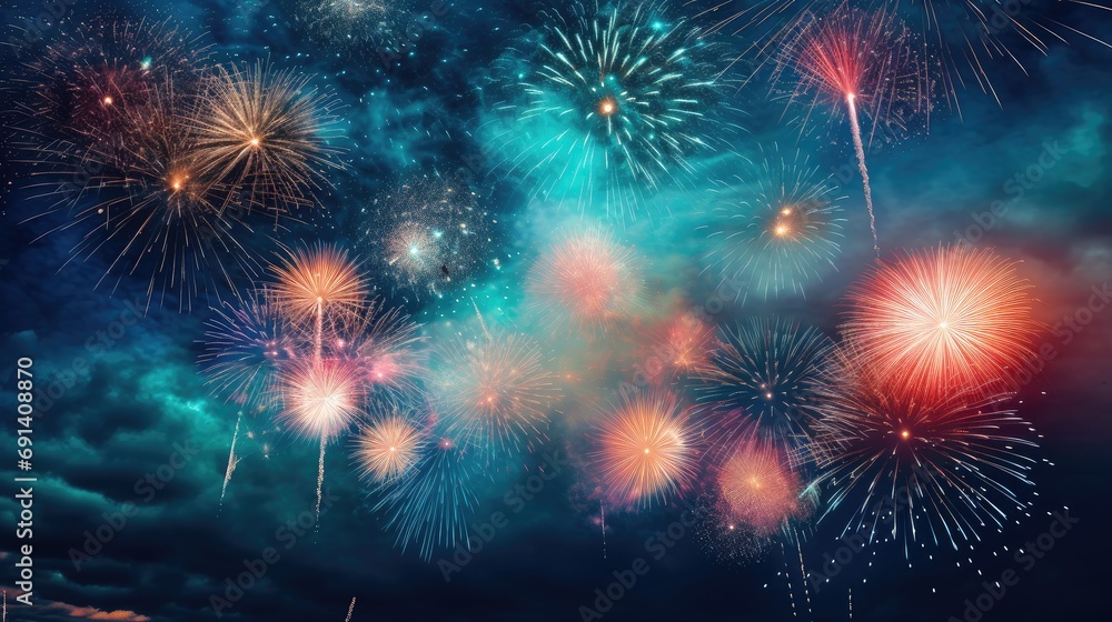 Celebration with fireworks on the dark sky. Generative AI Celebration with fireworks on the dark sky. Generative AI