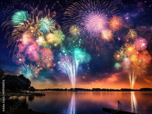 Celebration with fireworks on the dark sky. Generative AI