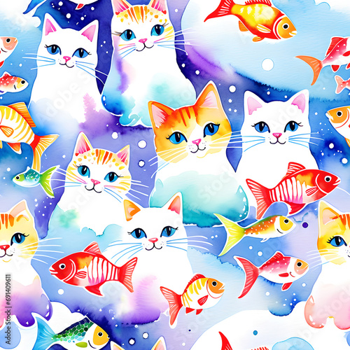 Seamless pattern. Watercolor. Dreamy white cats and fish. Design for wrapping paper, scrap booking, printing on fabric, etc. Bright raster illustration.
