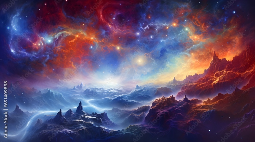 Image that features a symphony of cosmic nebulae, blending vibrant colors and intricate patterns, background image, generative AI