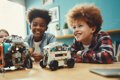 Multiethnic group of students studying in school classroom. Kids learning technology basic. Robotic lesson for children. Educational concept for multi racial children photo