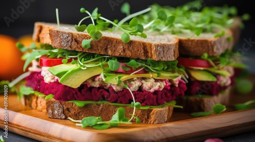 sandwich with herbs and vegetables, Vegan sandwiches with beetroot hummus. sandwich with beet, cheese, avocado and arugula photo