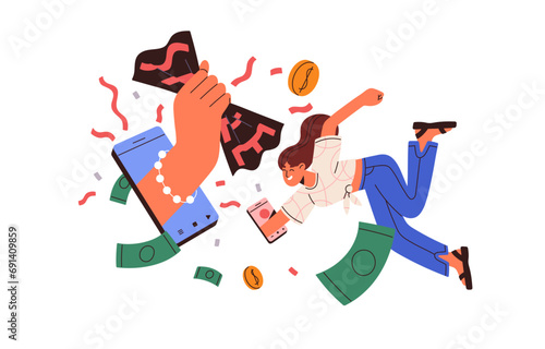 Abstract sales concept. Customer catch discounts, gifts on Black friday. Woman spend money on online shopping, purchase in internet store by smartphone. Flat isolated vector illustration on white