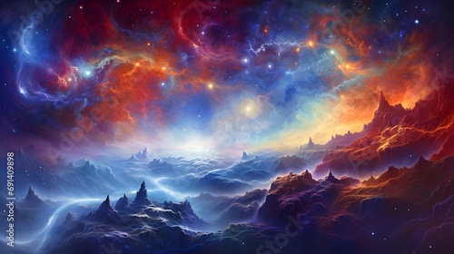 Image that features a symphony of cosmic nebulae, blending vibrant colors and intricate patterns, background image, generative AI © Hifzhan Graphics