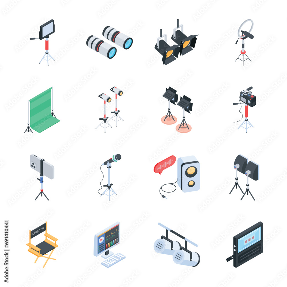 Fototapeta premium Collection of Studio Accessories Isometric Icons