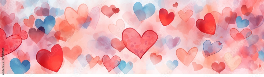 Abstract background with cute hearts painted with watercolor paints.