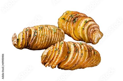 American traditional Homemade Hasselback Potato with Fresh Herbs. Transparent background. Isolated.