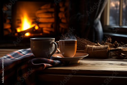 Fireside Bliss: Cup of Tea, Cuddle Blanket, and Warm Ambiance on the Table