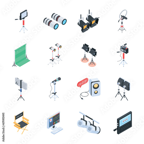 Collection of Studio Accessories Isometric Icons 

