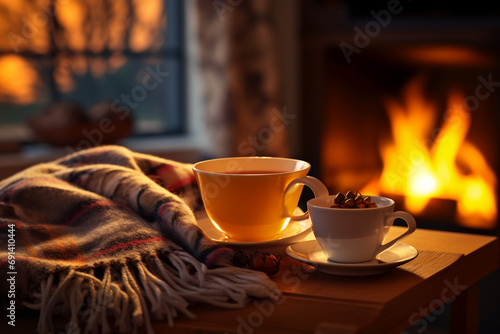 Cozy Tea Time: Warm Cup on the Table with Cuddle Blanket and Fireside Ambiance