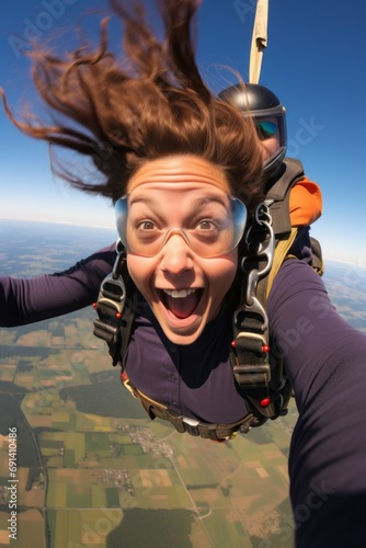 A daring woman experiencing the thrill of skydiving