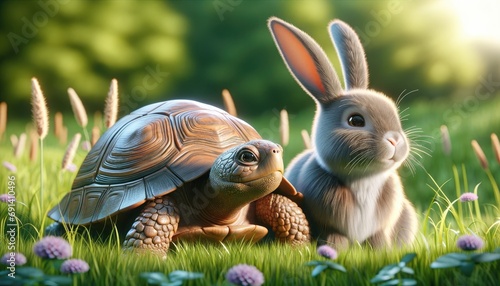 Charming tortoise and rabbit illustrate the classic tale of persistence, perfect for children's educational themes. photo