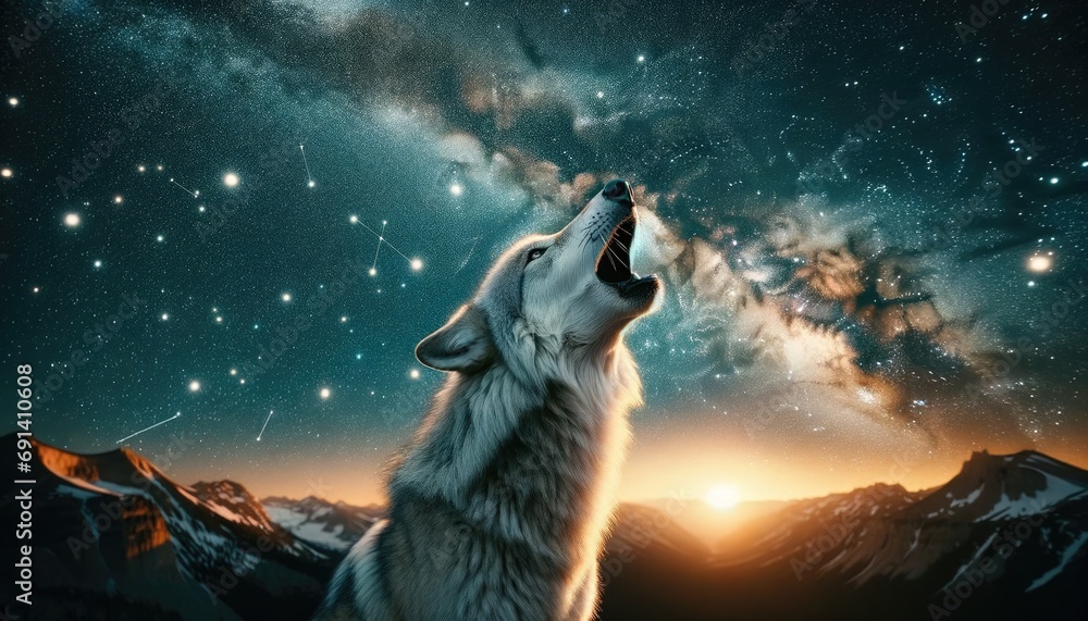 Enthralling wolf howling under a starlit sky, evoking wilderness and freedom, ideal for nature and adventure themes. Enthralling wolf howling under a starlit sky, evoking wilderness and freedom, ideal for nature and adventure themes.